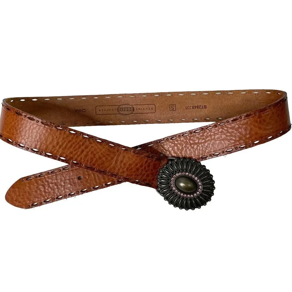 Fossil boho leather Studded Distressed Western Belt Rhinestone Brass Buckle Sz S